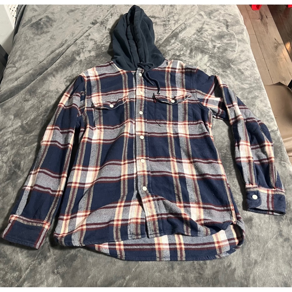 Levis Mens Relaxed Fit Hooded Flannel Shirt Navy Blue Red Plaid XS